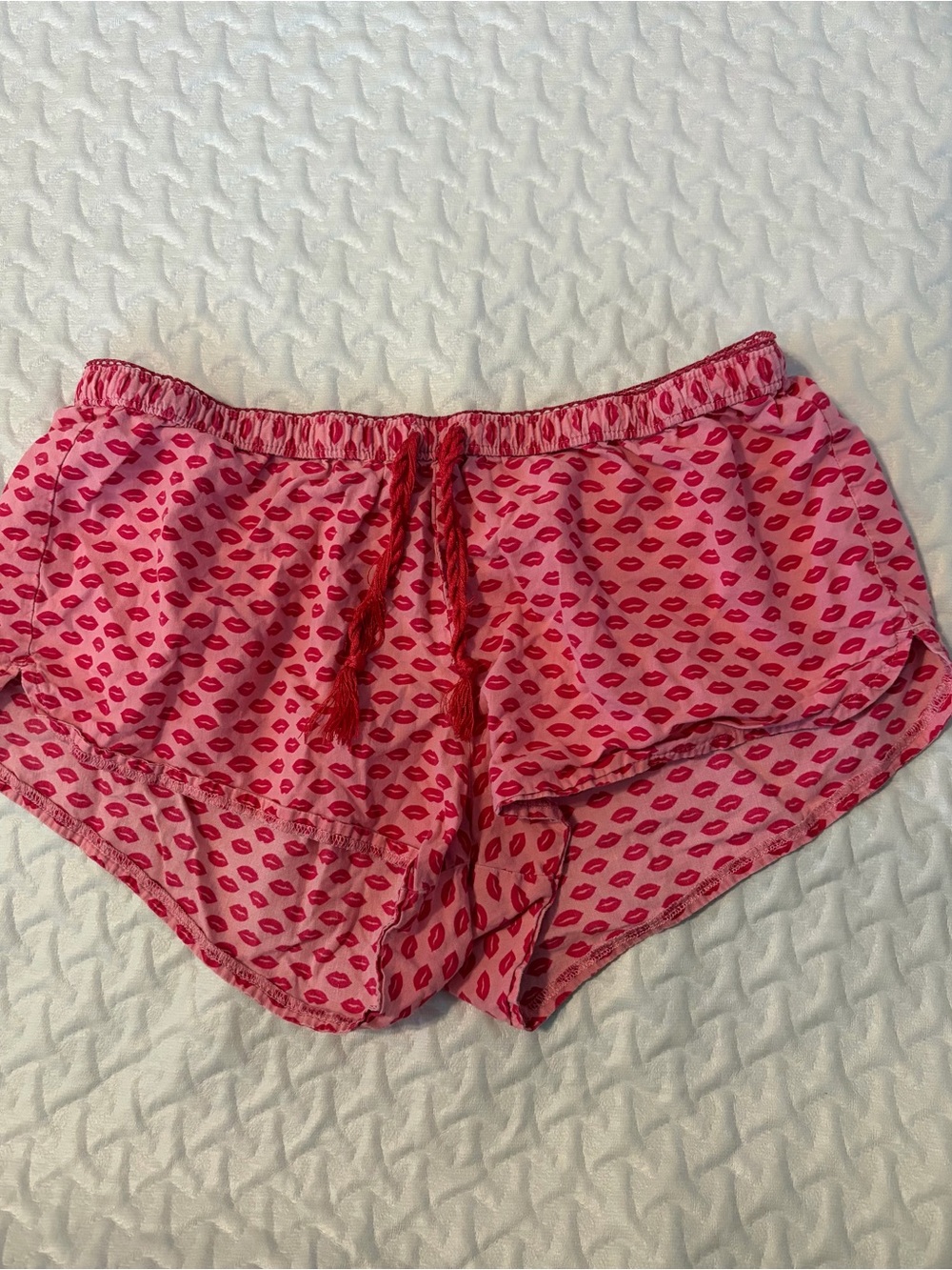 aerie Pink Lip-Print Sleep Shorts with Red Drawstring